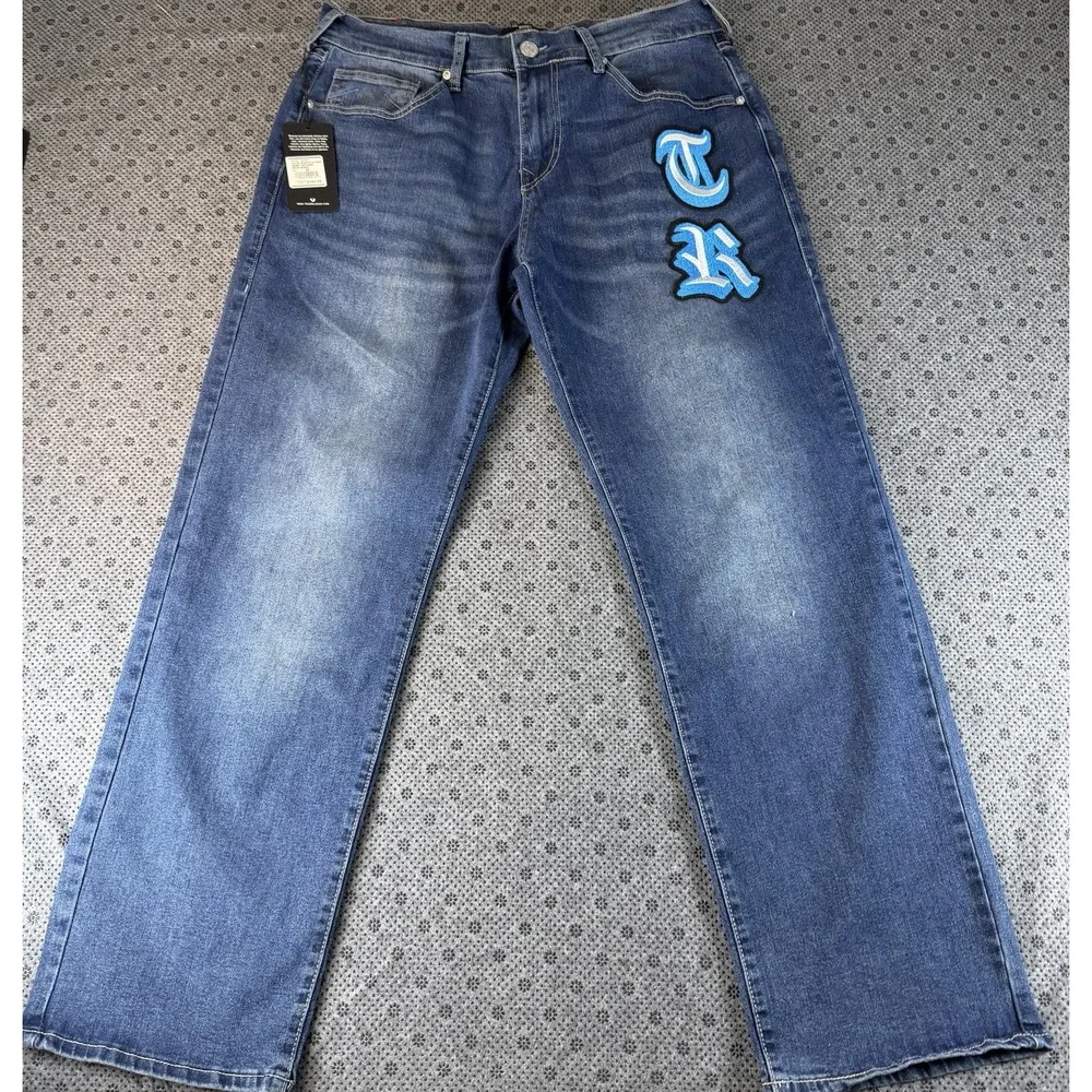 True Religion Bobby Applique Relaxed Baggy Jeans 32x32 Medium Blaze Wash New